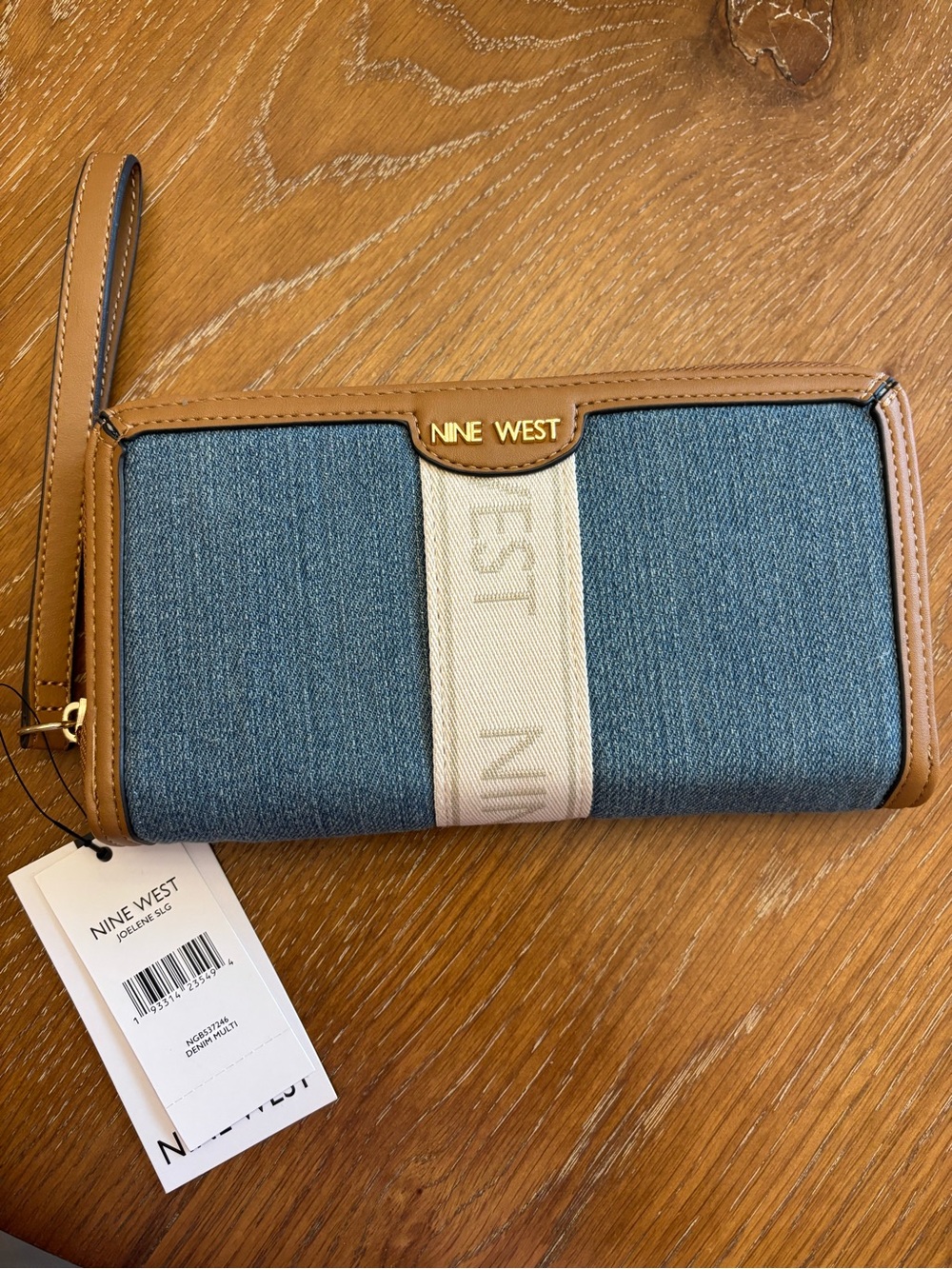 Nine West Blue Denim and Tan Trim Wristlet Wallet with Cream Center Stripe